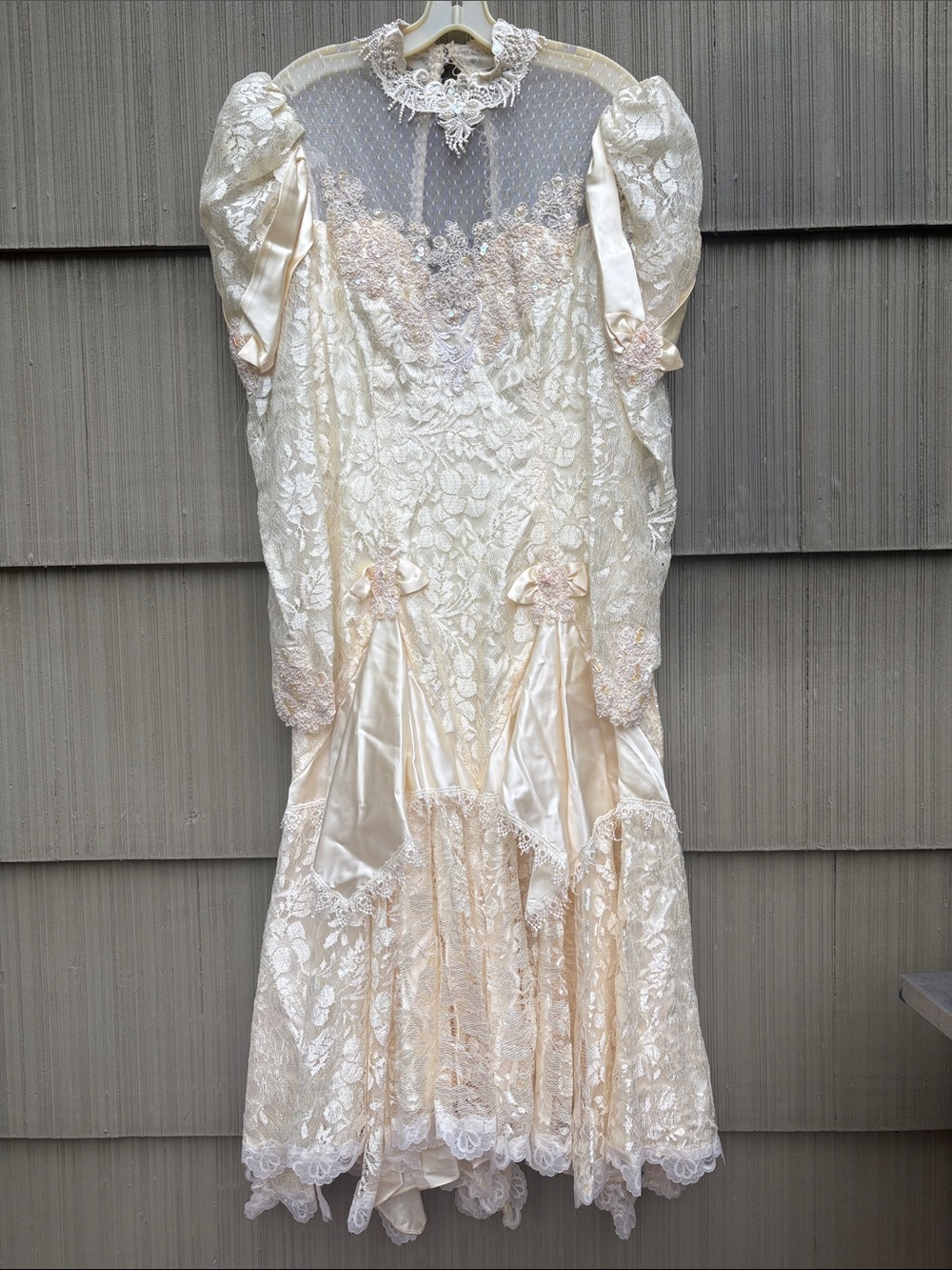 80s Cream Satin & Lace Wedding Gown